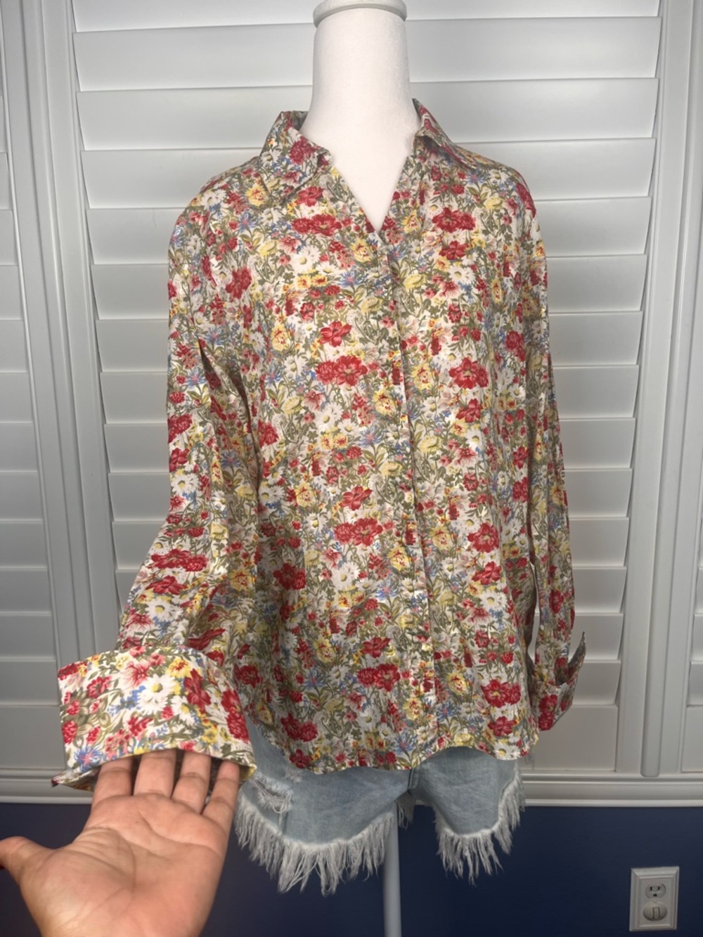 Coldwater Creek Floral Button-Front Top in Cream Red & Yellow cottagecore